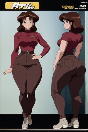 40 year old Milf Female, red long sleeves turtleneck shirt,tight brown trousers, grey boots, short neck curvy bang brown hair, brown eyes, curvy wide hips, Thicc Juicy Big Butt, 40 inches butt, character_sheet, looking-at-viewer, masterpiece, best quality, detailed face, HD detailed, high_resolution, Shinji_Nishikawa_Artstyle, Shoujo_Anime,90s Aesthetic,gunsmith,lum