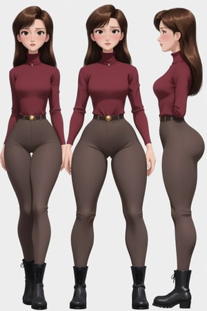 Age 24-year-old, red long sleeves turtleneck shirt, tight dark brown work trousers, dark grey jumpboots, long curvy bob bang brown hair, brown eyes, curvy wide hips, Thicc Bulge Big Butt, 51 inches butt, blushing in embarrassment, different poses, different facial expressions, character_sheet, masterpiece, best quality, detailed hair and face, detailed buttocks and tight pants, 4K detailed, high-resolution, Shinji_Nishikawa_Artstyle, Shoujo_Anime,90s Aesthetic, 1980s \(style\),multiple views of the same character,model sheet,chatacter sheet,disney pixar style