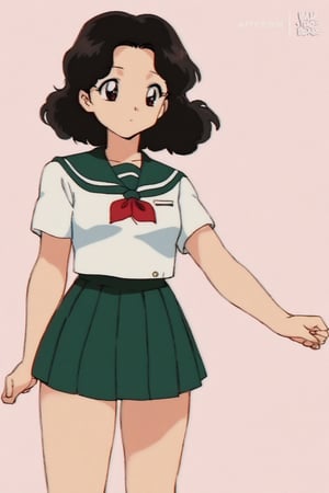 1girl, solo, long hair, looking at viewer, skirt, simple background, shirt, black hair, long sleeves, white background, brown eyes, closed mouth, school uniform, standing, white shirt, cowboy shot, pleated skirt, serafuku, sailor collar, neckerchief, wavy hair, expressionless, green skirt, red neckerchief, arms at sides, retro artstyle, green sailor collar