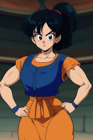 Solo_Female, ((Turtle Goku Gi Uniform skirt)), ((Orange Skirt dress)), curly bob curvy bang black hair, ponytail, black eyes, curvy_wide_hips hips, looking-at-viewer, character_sheet, Concert Art, masterpiece, best quality, detailed face, detailed, highres, 80s Anime Artstyle