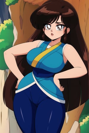 ukyo kuonji, brown_hair, brown eyes, blue and white ukyo outfit ,black leggins, big thicc hips, nature, hands over hips, damsel in distress, masterpiece, best quality, detailed face, detailed eyes, highres,
