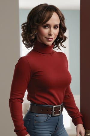 jennifer love hewitt,  red long sleeves turtleneck shirt,  brown jeans,  black belt with silver buckle in the middle,  curly short bob curvy bang brown hair,  brown eyes,  thicc big bubble butt,  curvy_hips, sexy pinup pose, both hand on hips, back_view, seducing_expression, looking_at_viewer, bedroom, masterpiece,  best quality,  detailed face,  detailed eyes,  highres, Extremely Realistic, ,filmic
