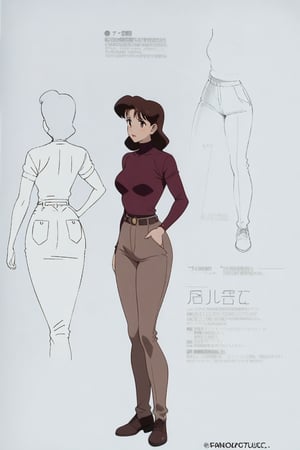  24-year-old Mature Milf Female, red long sleeves turtleneck shirt, tight brown pants, grey boots, short neck fuffy curvy bang brown hair, brown eyes, curvy wide hips, Thicc Juicy Big Butt, (46 inches butt), concept art, full body, masterpiece, best quality, detailed face, HD detailed, high-resolution, Shinji_Nishikawa_Artstyle, Shoujo_Anime,90s Aesthetic, reference sheet, 1980s \(style\),