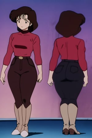 24 year old Milf Female, red long sleeves turtleneck shirt,tight brown trousers, grey boots, short neck curvy bang fluffy brown hair, brown eyes, curvy wide hips, Thicc Juicy Big Butt, 40 inches butt, character_sheet, looking-at-viewer, masterpiece, best quality, detailed face, HD detailed, high_resolution, Shinji_Nishikawa_Artstyle, Shoujo_Anime,90s Aesthetic,retro artstyle, full_body