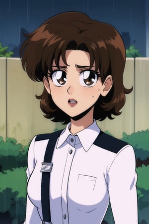 1girl, looking at viewer, curvy wave brown hair, shirt, 1girl, white shirt, upper body, parted lips, solo focus, long sleeves collared shirt, brown eyes, uniform, black suspenders, wet_clothes, wet hair, raining outside, masterpiece, best quality, detailed face, HD detailed, high_resolution, Shinji_Nishikawa_Artstyle, Shoujo_Anime,90s Aesthetic,retro artstyle