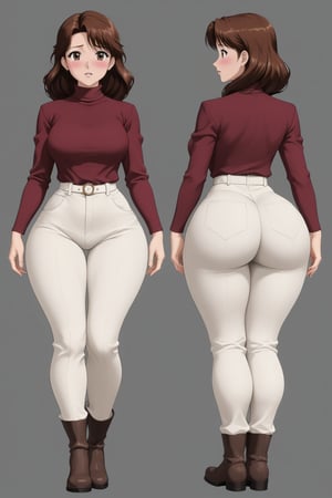 Age 24-year-old, red long sleeves turtleneck shirt, tight black work businesstrousers pants, grey rain boots, long curvy bang brown hair, brown eyes, curvy wide hips, Thicc Juicy jiggling Bulge Big Butt, 51 inches butt, blushing in embarrassment, girl looking at her butt in shock expression, mouth agape, inflating butt, hand_on_butt,  character_sheet, masterpiece, best quality, detailed face, detailed buttocks and tight stretch pants, 4K detailed, high-resolution, Shinji_Nishikawa_Artstyle, Shoujo_Anime,90s Aesthetic, 1980s \(style\), 