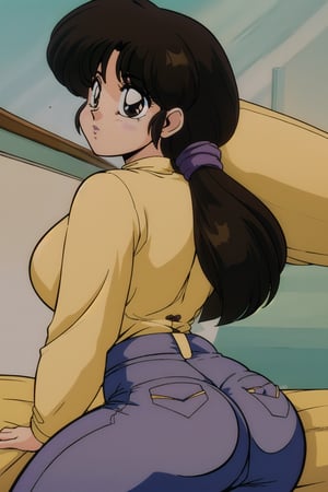 Tendou_kasumi, ((yellow long sleeves button shirt)), ((purple jeans)), ((inflatable jeans)), brown hair, brown eyes, curvy wide hips, thicc juicy butt, Bootylicious, back_view, looking-at-viewer, laying on bed, masterpiece, best quality, detailed face, detailed, highres, cinematic moviemaker style,