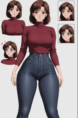 Age 24-year-old, red long sleeves turtleneck shirt, tight dark brown pants, dark grey jumpboots, long curvy bob bang brown hair, brown eyes, curvy wide hips, Thicc Juicy jiggling Bulge Big Butt, 51 inches butt, blushing in embarrassment, character_sheet, masterpiece, best quality, detailed face, detailed buttocks and tight pants, 4K detailed, high-resolution, Shinji_Nishikawa_Artstyle, Shoujo_Anime,90s Aesthetic, 1980s \(style\), 