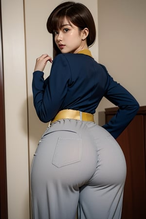  tendou nabiki, blue business suit, grey white  pants, diaper pants, white tie, red belt with gold ring in the middle,  brown hair, brown eyes, thicc big hips, curvy_hips, diaper butt, back view, looking at viewer, one hand on butt, masterpiece, best quality, detailed face, detailed eyes, highres,
