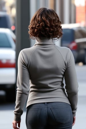 Jennifer Love Hewitt, Age 24 year old, red long sleeves turtleneck shirt, grey jeans, ((Back Hair Wavy Bangs, Curled up hair in the Back, curly short bob curvy bang brown hair)), Bootylicious, thicc butt, thicc big pelvis, curvy wide hips, nice butt view, back view, pov_eye_contact, masterpiece, best quality, detailed face, detailed, highres, cinematic moviemaker style