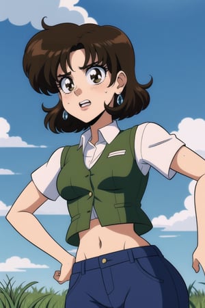 1girl, solo, breasts, bangs, brown hair, shirt, navel, brown eyes, jewelry, white shirt, short sleeves, earrings, outdoors, sky, midriff, pants, cloud, medium hair, water, vest, looking down, cloudy sky, grass, clenched teeth, brown vest, masterpiece, best quality, detailed face, HD detailed, high_resolution, Shinji_Nishikawa_Artstyle, Shoujo_Anime,90s Aesthetic,retro artstyle