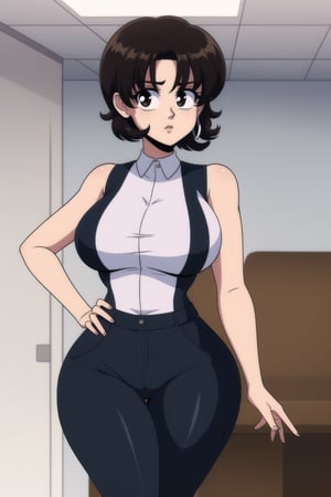Miki Saegusa, short curly bob curvy bang brown hair, brown eyes, curvy wide hips, Bootylicious, (brown vest), white shirt, long_pants, black footwear boots, silver earrings, looking-at-viewer, office_room, masterpiece,  best quality,  detailed face,  detailed eyes, high_resolution