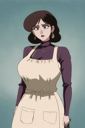 sole_female, 35 years old,((red violet long sleeves turtleneck shirt)), ((white tan apron dress)), curly bob curvy bang brown hair, brown eyes, ((breast_inflation)), large breast, curvy wide hips, Bootylicious, hands grabing breasts, 
looking-at-viewer, scared and afraid, masterpiece, best quality, detailed face, detailed, highres, cinematic moviemaker style, 
