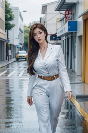 kasumi tendou, blue business suit, grey white  pants, diaper pants, white tie, red belt with gold ring in the middle, long brown hair, blue eyes, thicc big hips, curvy_hips, diaper butt,walking in raining street, masterpiece, best quality, detailed face, detailed eyes, highres,
