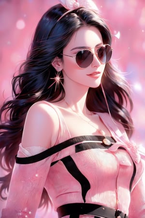 masterpiece, best quality 16K, photorealistic, raw photo,  sweat supermodel bomb shell ,  ray ban glasses,Biindi,.long, earring,  long curly black hair, daily outfit tight jeggings , light smile, detailed skin, pore, off_shoulder, low key,Beautiful pink_background, 