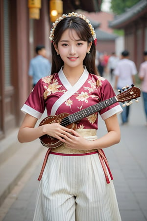 (1 2 year Indian baby girl playing sitar in busy street playing with his boyfriend with royal sister style), ((best quality, 8k, masterpiece: 1.3)), focus: 1.2, perfect body beauty: 1.4, (smile: 1.2), (old palace in korea: 1.5), highly detailed face and skin texture, delicate eyes, double eyelids, whitened skin, (air bangs: 1.3), (round face: 1.5), hanbok (top light maroon and gold floral pattern short sleeve silk top,intense white and white stripes silk very  tight  jeans The goreum of the jeogori is light orange:1.4), Lucky bag and norigae on the waist, Korea hanbok style, Top and bottom completely separated, random model pose, Head size in proportion to the body, Young beauty spirit, inkGirl, Hanbok, clear border, Clothing made of very thin silk, ((full body shot1.2)), FilmGirl, xxmix_girl, kwon-nara, cutegirlmix,cutegirlmix,kwon-nara, Asian Girl, Asian baby