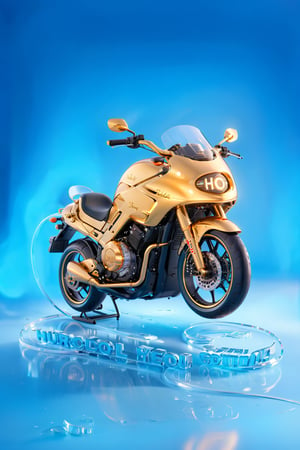 A futuristic and stunning creation of a 3D custom motorcycle, highlighted by gold accents and a blazing neon black glow. The motorcycle features a sleek and sophisticated look, inspired by the Yeosu, and adorns a shiny ice blue background that highlights its unique appearance. The name "Hello" is inscribed in large cursive letters, with a refined and elegant effect thanks to the intense gold outline. The "By Design Digital" stamp in soft golden tones is a recognition of the talent and skill of the digital artist in this masterpiece.lighting bokeh background.
