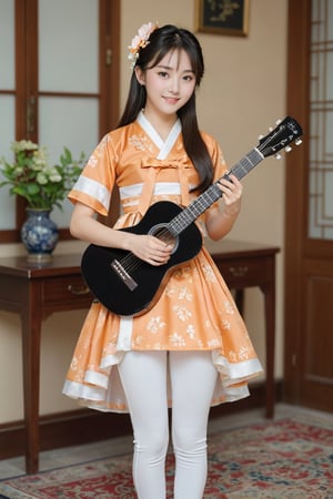 (1 2yo Singaporean girl playing with guitar with royal sister style), ((best quality, 8k, masterpiece: 1.3)), focus: 1.2, perfect body beauty: 1.4, (smile: 1.2), (old palace in korea: 1.5), highly detailed face and skin texture, delicate eyes, double eyelids, whitened skin, (air bangs: 1.3), (round face: 1.5), hanbok (top light orange and gold floral pattern short sleeve silk jeogori, intense white and white stripes silk very  tight leggings The goreum of the jeogori is light orange:1.4), Lucky bag and norigae on the waist, Korea hanbok style, Top and bottom completely separated, random model pose, Head size in proportion to the body, Young beauty spirit, inkGirl, Hanbok, clear border, Clothing made of very thin silk, ((full body shot1.2)), FilmGirl, xxmix_girl, kwon-nara, cutegirlmix,cutegirlmix,kwon-nara, Asian Girl, Asian Woman