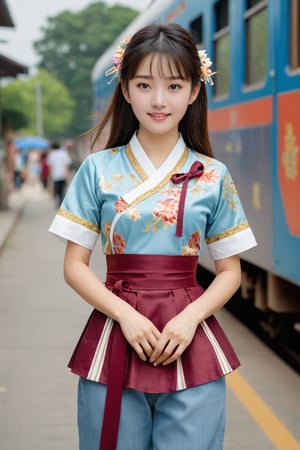 (1 2 year Indian baby girl playing in train in busy street playing with his boyfriend with royal sister style), ((best quality, 8k, masterpiece: 1.3)), focus: 1.2, perfect body beauty: 1.4, (smile: 1.2), (old palace in korea: 1.5), highly detailed face and skin texture, delicate eyes, double eyelids, whitened skin, (air bangs: 1.3), (round face: 1.5), hanbok (top light sky blue and gold floral pattern short sleeve silk top,intense maroon and white stripes silk very  tight  jeans The goreum of the jeogori is light orange:1.4), Lucky bag and norigae on the waist, Korea hanbok style, Top and bottom completely separated, random model pose, Head size in proportion to the body, Young beauty spirit, inkGirl, Hanbok, clear border, Clothing made of very thin silk, ((full body shot1.2)), FilmGirl, xxmix_girl, kwon-nara, cutegirlmix,cutegirlmix,kwon-nara, Asian Girl, Asian baby