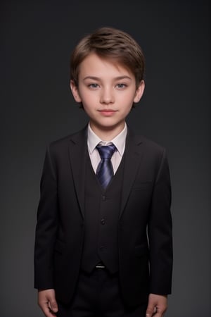 a 7 years old guy in suit confident look passport size photo professional headshot,Extremely ultra HD and extremely Realistic,16k ice age background ,