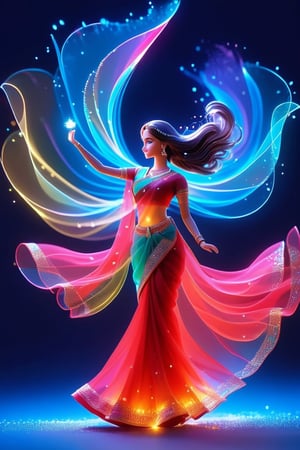1girl cute barbie playing Holi colurs with his. boyfriend in India,wearing red saree minimalist hologram, long hair glowing, line glowing surrounds the body on a simple background,minimalist hologram,ice age mesamarizing background 