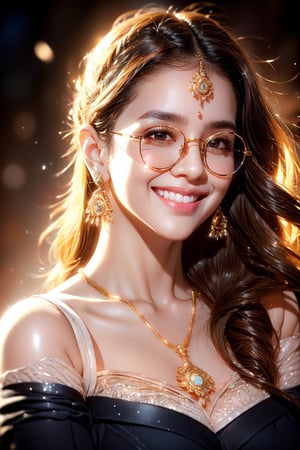masterpiece, best quality 16K, photorealistic, raw photo, 1 sweat and cute girl, transparent glasses,tilak in head, earring  long curly hair, daily outfit, light smile, detailed skin, pore, off_shoulder, low key, light black _background