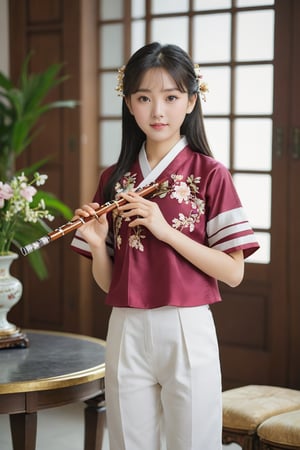 (1 2 year Singaporean baby girl playing flute with royal sister style), ((best quality, 8k, masterpiece: 1.3)), focus: 1.2, perfect body beauty: 1.4, (smile: 1.2), (old palace in korea: 1.5), highly detailed face and skin texture, delicate eyes, double eyelids, whitened skin, (air bangs: 1.3), (round face: 1.5), hanbok (top light maroon and gold floral pattern short sleeve silk top,intense white and white stripes silk very  tight  jeans The goreum of the jeogori is light orange:1.4), Lucky bag and norigae on the waist, Korea hanbok style, Top and bottom completely separated, random model pose, Head size in proportion to the body, Young beauty spirit, inkGirl, Hanbok, clear border, Clothing made of very thin silk, ((full body shot1.2)), FilmGirl, xxmix_girl, kwon-nara, cutegirlmix,cutegirlmix,kwon-nara, Asian Girl, Asian Woman