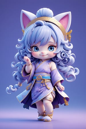 1girl, solo, chibi, full body, looking at viewer, smiley face, blue eyes, cat ears, long hair, violet hair, chinese dress, blue background