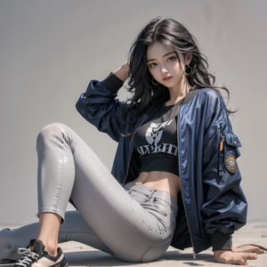 Best quality, masterpiece, ultra high res, (photorealistic:1.4), raw photo, Indian girl 18 year old,  sleek pixie long hair style, wearing oversize saffron jacket bomber m1, leggings  bluejeans, black sneaker, solid grey ice background,