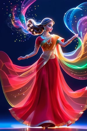 1girl cute barbie playing Holi colurs with Cinderella ,wearing red saree minimalist hologram, long hair glowing, line glowing surrounds the body on a simple background,minimalist hologram