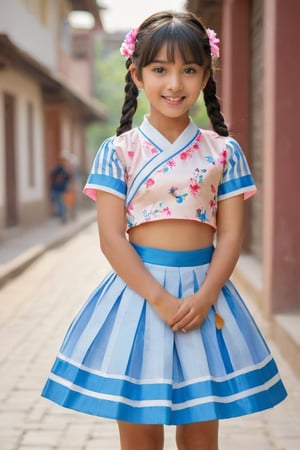 (1 2 year Indian child girl running in busy street playing with his boyfriend with royal sister style), ((best quality, 16K, masterpiece: 1.3)), focus: 1.2, perfect body beauty: 1.4, (smile: 1.2), (old palace in india: 1.5), highly detailed face and skin texture, delicate blue eyes, double eyelids, whitened skin, (air bangs: 1.3), (round face: 1.5), hanbok (top light pink and white floral pattern short sleeve silk top,intense blue and white stripes silk very  tight short skirt The goreum of the top is light blue:1.4), Lucky bag and norigae on the waist, indian hanbok style, Top and bottom completely separated, random model pose, Head size in proportion to the body, Young beauty spirit, inkchild girl, Hanbok, clear border, Clothing made of very thin silk, ((full body shot1.2)), Filmbaby girl, xxmix_girl, kwon-nara, cutegirlmix,cutegirlmix,kwon-nara, Asian Girl, Asian baby