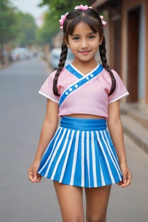 (1 2 year Indian child girl running in busy street playing with his boyfriend with royal sister style), ((best quality, 16K, masterpiece: 1.3)), focus: 1.2, perfect body beauty: 1.4, (smile: 1.2), (old palace in india: 1.5), highly detailed face and skin texture, delicate blue eyes, double eyelids, whitened skin, (air bangs: 1.3), (round face: 1.5), hanbok (top light pink and white floral pattern short sleeve silk top,intense blue and white stripes silk very  tight short skirt The goreum of the top is light blue:1.4), Lucky bag and norigae on the waist, indian hanbok style, Top and bottom completely separated, random model pose, Head size in proportion to the body, Young beauty spirit, inkchild girl, Hanbok, clear border, Clothing made of very thin silk, ((full body shot1.2)), Filmbaby girl, xxmix_girl, kwon-nara, cutegirlmix,cutegirlmix,kwon-nara, Asian Girl, Asian baby