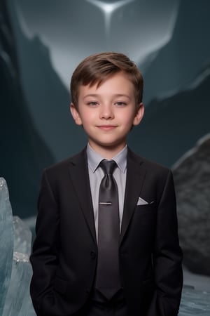 a 7 years old guy in suit confident look half body professional headshot,Extremely Realistic,16k ice age background ,