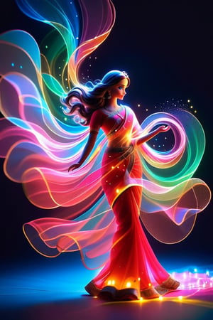 1girl cute barbie playing Holi colurs with his. boyfriend in India,wearing red saree minimalist hologram, long hair glowing, line glowing surrounds the body on a simple background,minimalist hologram