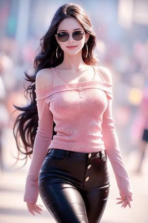 masterpiece, best quality 16K, photorealistic, raw photo,  sweat supermodel bomb shell ,  ray ban glasses,Biindi,.long, earring,  long curly black hair, daily outfit tight jeggings , light smile, detailed skin, pore, off_shoulder, low key,Beautiful pink_background, 