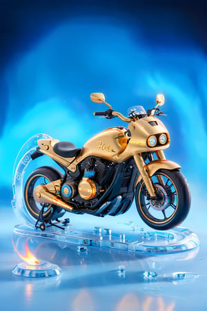 A futuristic and stunning creation of a 3D custom motorcycle, highlighted by gold accents and a blazing neon black glow. The motorcycle features a sleek and sophisticated look, inspired by the Yeosu, and adorns a shiny ice blue background that highlights its unique appearance. The name "Hello" is inscribed in large cursive letters, with a refined and elegant effect thanks to the intense gold outline. The "By Design Digital" stamp in soft golden tones is a recognition of the talent and skill of the digital artist in this masterpiece.lighting bokeh background.