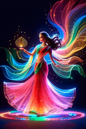 1girl cute barbie playing Holi colurs with his. boyfriend in India,wearing red saree minimalist hologram, long hair glowing, line glowing surrounds the body on a simple background,minimalist hologram