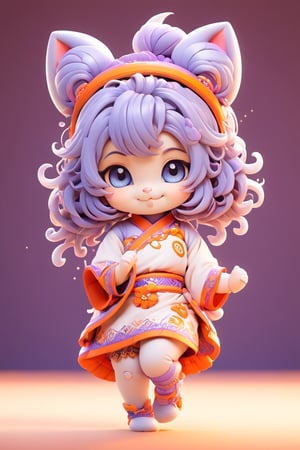 2 GIRLS, solo, chibi, full body, looking at viewer, smiley face, blue eyes, cat ears, long hair, violet hair, chinese dress, orange background