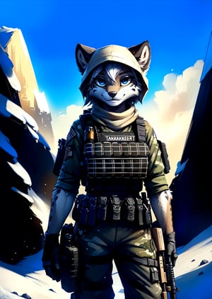 masterpiece:1.2, best quality, happy experssion, perfect body, perfect snout, no hair, anthro snow leopard female, snow setting, full body view, bright lighting, beautiful,facing toward viewer, front view, smiling, snow camoflage clothes, military tactical, tactical vest, perfect arms, perfect hands,(masterpiece, 8k, 4k, best quality, hi res, absurd res:1.3),(by twistedscarlett60, by dagasi, by smitty g, by tom fischbach, by fluff-kevlar, by Eternity-Zinogre, by Tarakanovich, by Muhut, by wolfy-nail, by kenket, by kiguri, by zenthetiger, by cutesexyrobutts, by hioshiru), slit_pupils (narrowed eyes:1.3), short hair, sunny afternoon, fully clothed, clothing reinforcement,Military,Taskforce, holding_weapon, ar-15, gloves