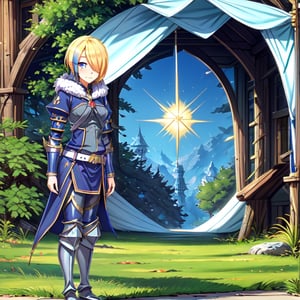 blonde hair, 1girl, blue hair, hair over one eye, multicolored hair, solo, blue eyes, armor, short hair, mole, mole under eye, fur trim, claire-liver020, blue armor, boots, forest, pink trees, fantasy