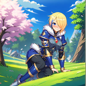 blonde hair, 1girl, blue hair, hair over one eye, multicolored hair, solo, blue eyes, armor, short hair, mole, mole under eye, fur trim, claire-liver020, blue armor, boots, forest, pink trees, fantasy, smile, blushing, nervious