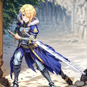 blonde hair, 1girl, blue hair, hair over one eye, multicolored hair, solo, blue eyes, armor, short hair, mole, mole under eye, fur trim, claire-liver020, blue armor, boots, war, fire, (sword:1.2)