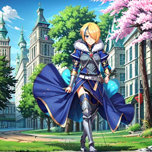 blonde hair, 1girl, blue hair, hair over one eye, multicolored hair, solo, blue eyes, armor, short hair, mole, mole under eye, fur trim, claire-liver020, blue armor, boots, forest, pink trees, fantasy