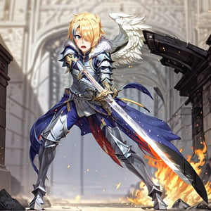 blonde hair, 1girl, blue hair, hair over one eye, multicolored hair, solo, blue eyes, armor, short hair, mole, mole under eye, fur trim, claire-liver020, blue armor, boots, war, fire, (sword:1.2), Angel, angry