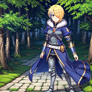 blonde hair, 1girl, blue hair, hair over one eye, multicolored hair, solo, blue eyes, armor, short hair, mole, mole under eye, fur trim, claire-liver020, blue armor, boots, forest, pink trees, fantasy