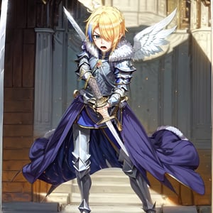 blonde hair, 1girl, blue hair, hair over one eye, multicolored hair, solo, blue eyes, armor, short hair, mole, mole under eye, fur trim, claire-liver020, blue armor, boots, war, fire, (sword:1.2), Angel, angry