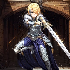 blonde hair, 1girl, blue hair, hair over one eye, multicolored hair, solo, blue eyes, armor, short hair, mole, mole under eye, fur trim, claire-liver020, blue armor, boots, war, fire, (sword:1.2), Angel, angry