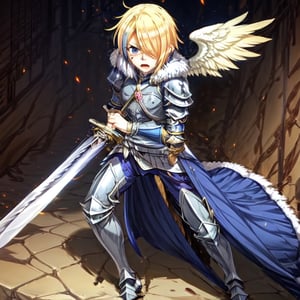 blonde hair, 1girl, blue hair, hair over one eye, multicolored hair, solo, blue eyes, armor, short hair, mole, mole under eye, fur trim, claire-liver020, blue armor, boots, war, fire, (sword:1.2), Angel, angry