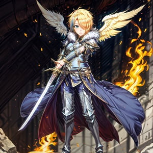 blonde hair, 1girl, blue hair, hair over one eye, multicolored hair, solo, blue eyes, armor, short hair, mole, mole under eye, fur trim, claire-liver020, blue armor, boots, war, fire, Angel, sword