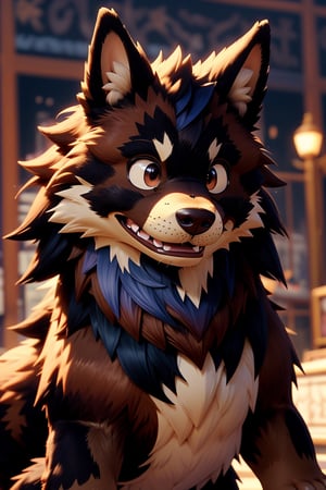 animation style vibrant colors, big expressive eyes, anthropomorphic, dog, furry, robust, male, detailed tail, detailed body, detailed face, perfect face, perfectly rendered face, correct eyes, brown eyes, brown hair, black fur, hairstyles , detailed snout, detailed mouth, detailed, five fingers, proper hands, proper shading, proper lighting, detailed, detailed background, detailed close-up, individual focus, detailed character(s), high quality, (high resolution), sleeveless shirt, headshot, portrait, smile, eyes closed, smile with eyes closed. high quality, vibrant, cute, 8-bit, old school anime that has an animated quality of current animations, furry,midjourney,furry,(1man),nj5furry